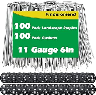 Finderomend 100 Pack Landscape Staples and 100 Pack Gaskets,11 Gauge Galvanized Steel Garden Stakes with Black Pads,Landscape Pins Turf Staples for Securing Weed Barrier Fabric Artificial Grass (6")