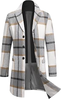 COOFANDY Men's wool blend coat with detachable plaid scarf, notched collar, single breasted pea coat