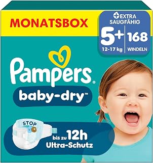 Pampers Baby-Dry Size 5+, 168 Nappies, 12 kg-17 kg, Up to 100% Leak