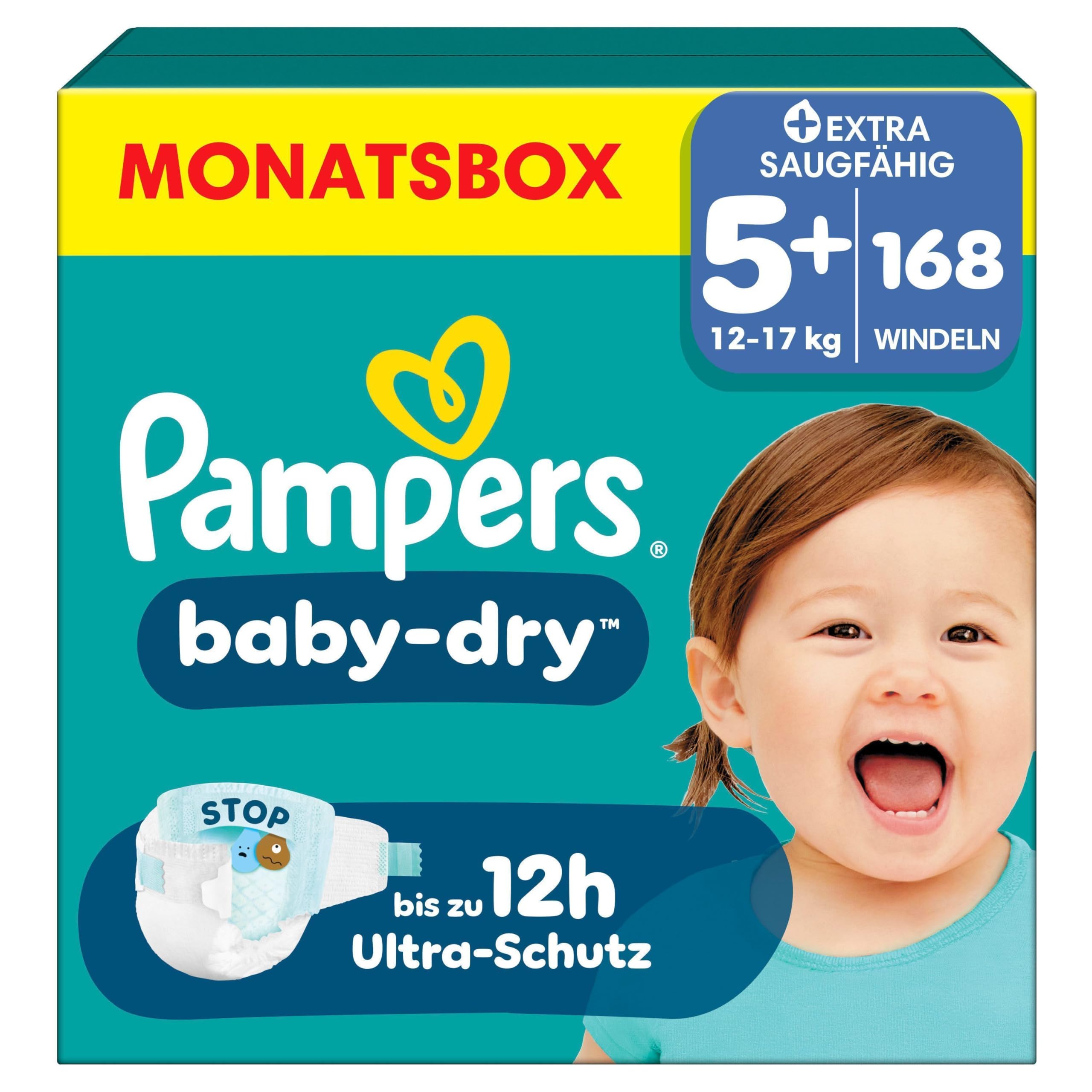Pampers Baby-Dry Size 5+, 168 Nappies, 12 kg-17 kg, Up to 100% Leak
