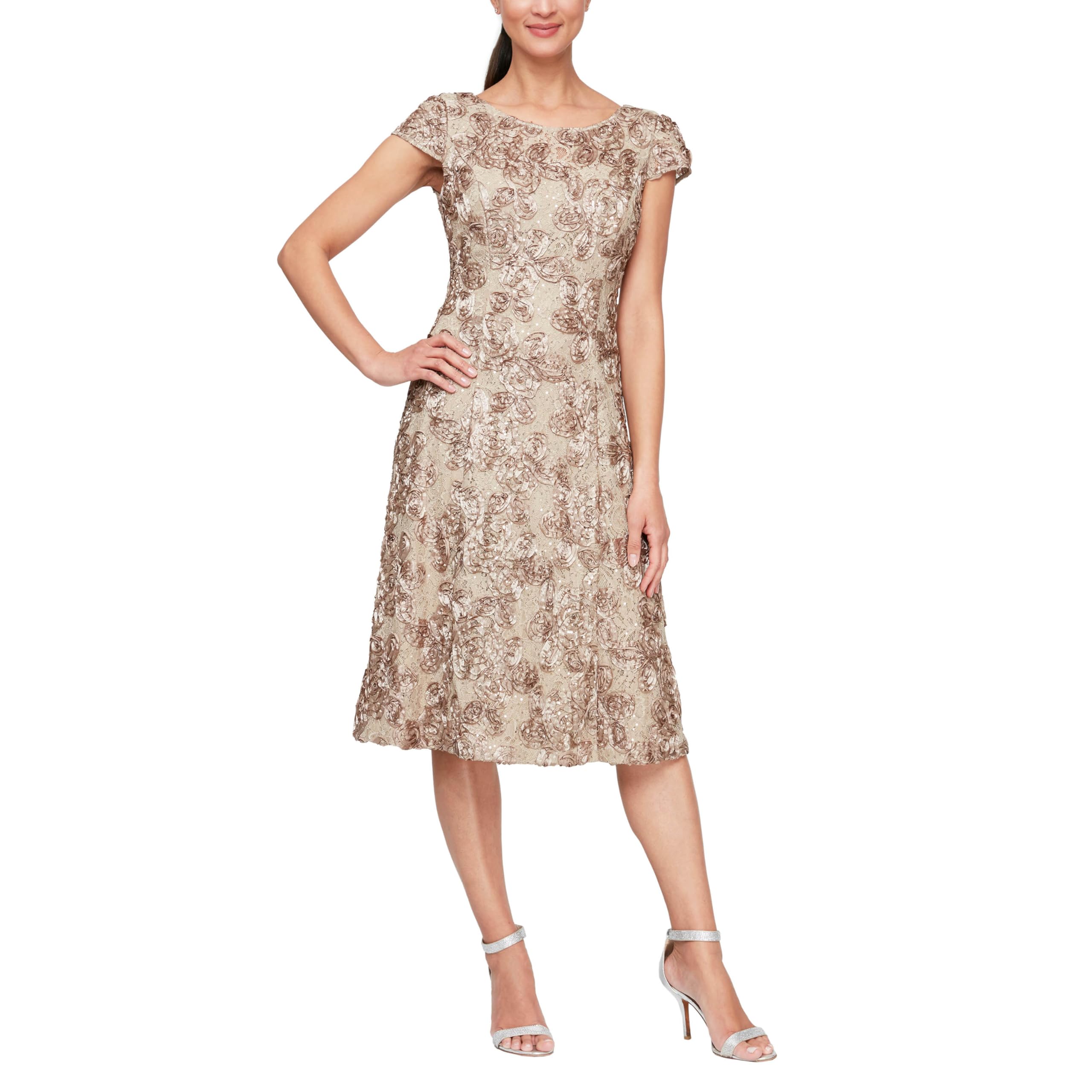 ALEX Petite Cocktail Dress in Rosette Lace with Cap Sleeves