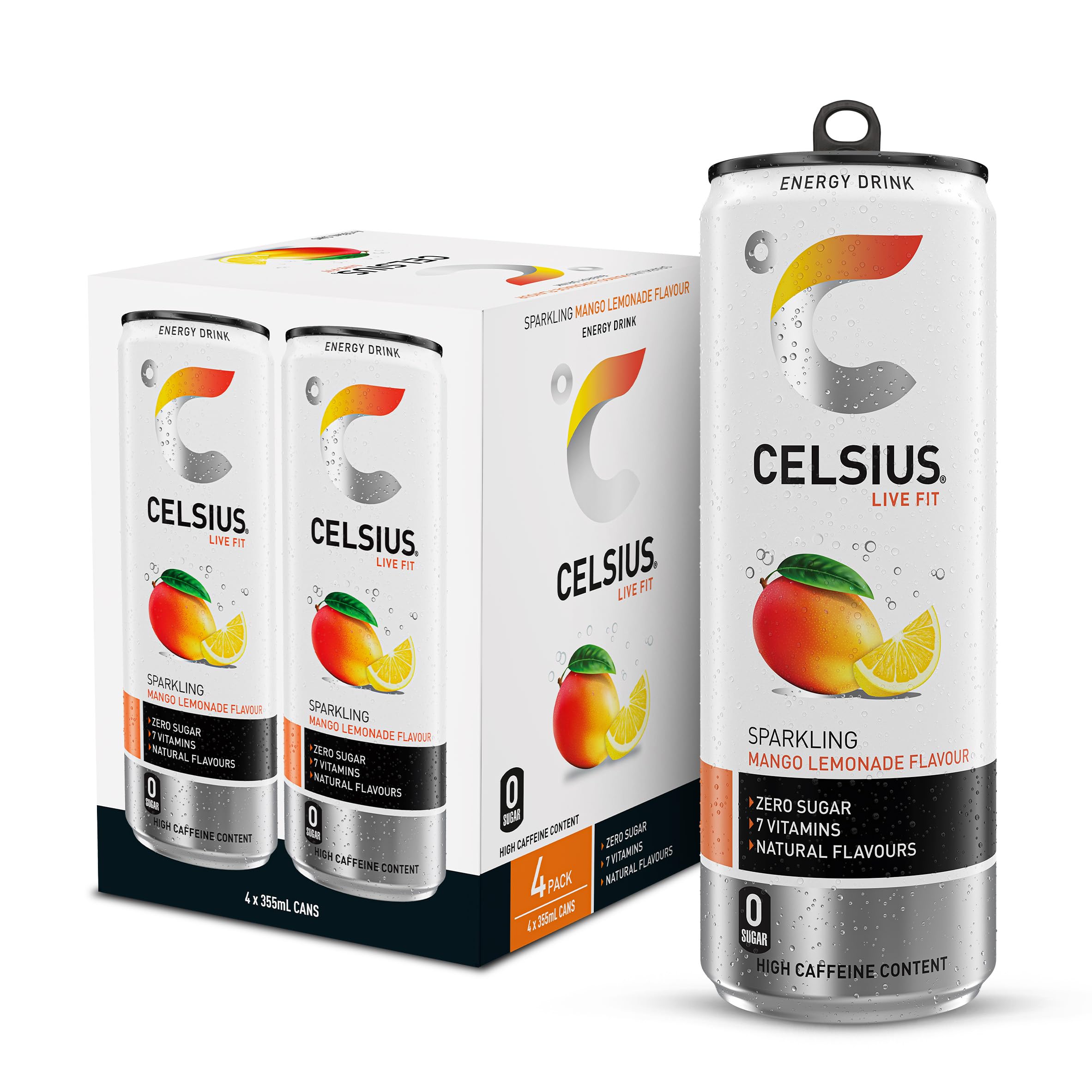 CELSIUS Energy Drink, Sparkling Mango Lemonade, Natural Flavours. No Artificial 