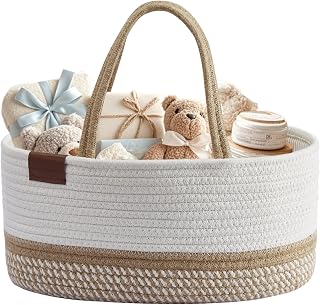 DECOMOMO Baby Storage Basket, Cotton Diaper Caddy Organizer with Divider | Baby Gift Basket, Baby Essentials for Newborn(Spiral Beige & White, Large)