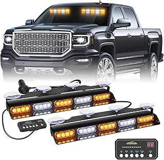 XRIDONSEN 2x 17 inch Dash Strobe Lights for Trucks, 40 LED Visor Lights | Amber White Falshing Interior Front/Rear Windshield Light Bar w/ Controller for Construction Vehicles Plow Truck