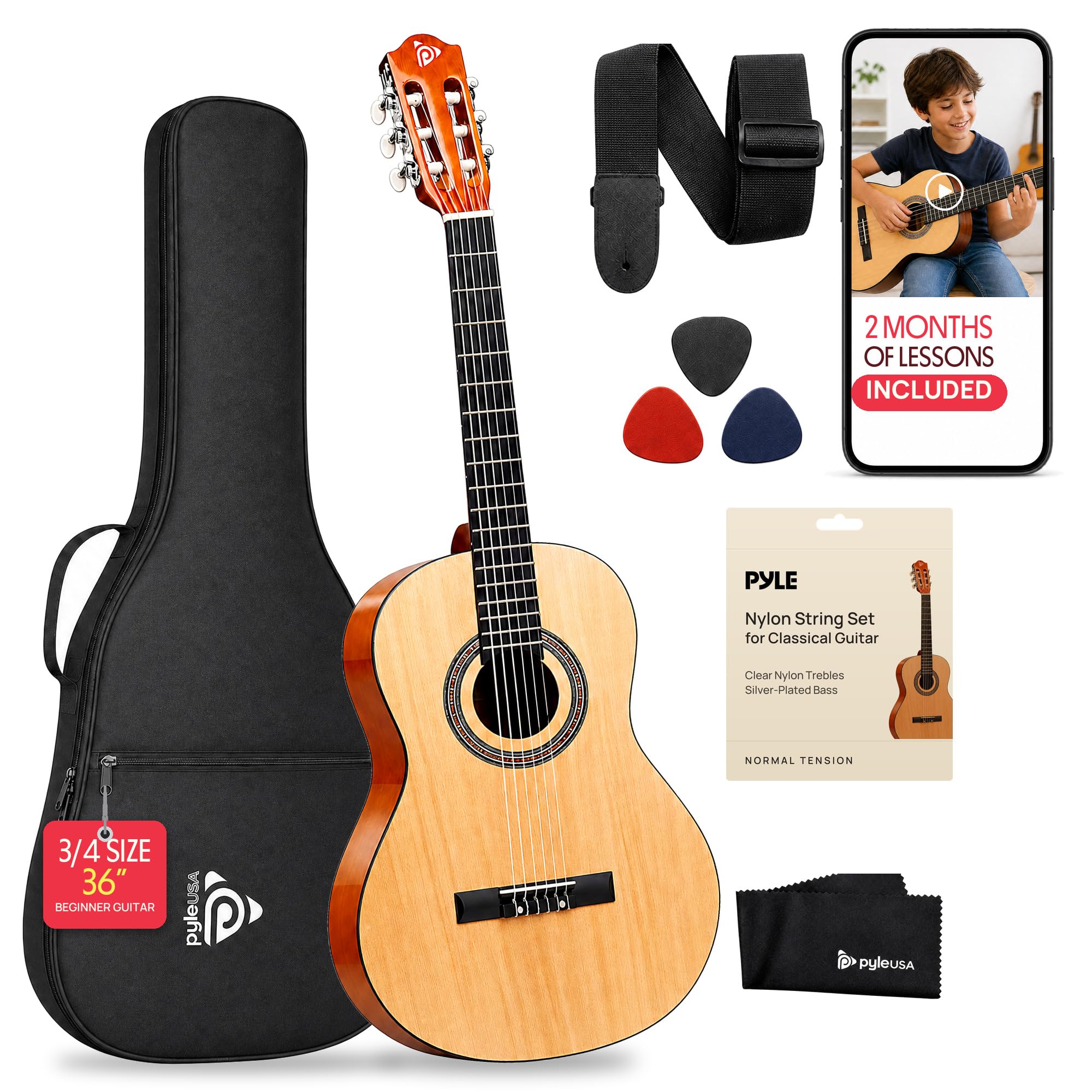 Pyle 36-Inch Beginner Classical Acoustic Guitar Kit, 3/4 Size Junior Nylon Strin