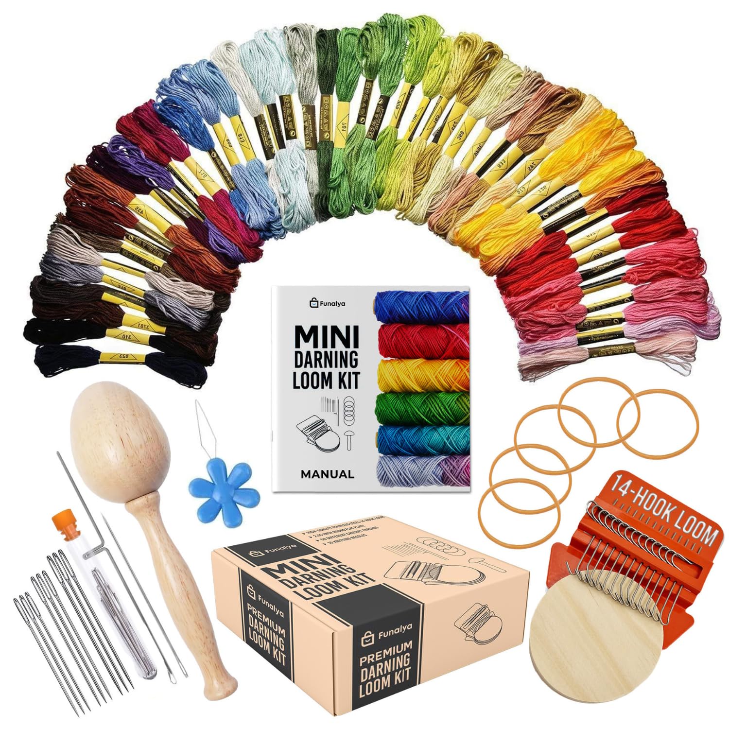 Funalya Darning Loom Kit, KnitPatch,14 Hook Darning Loom 50 Threads & Guide