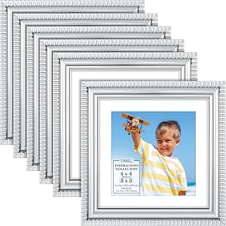 Icona Bay - Cornici per foto da 10 x 10 cm con tappetino rimovibile per foto da 7,6 x 7,6 cm - Argento, confezione da 6 - Modanatura splendidamente dettagliata - Cornici contemporanee - Montaggio a