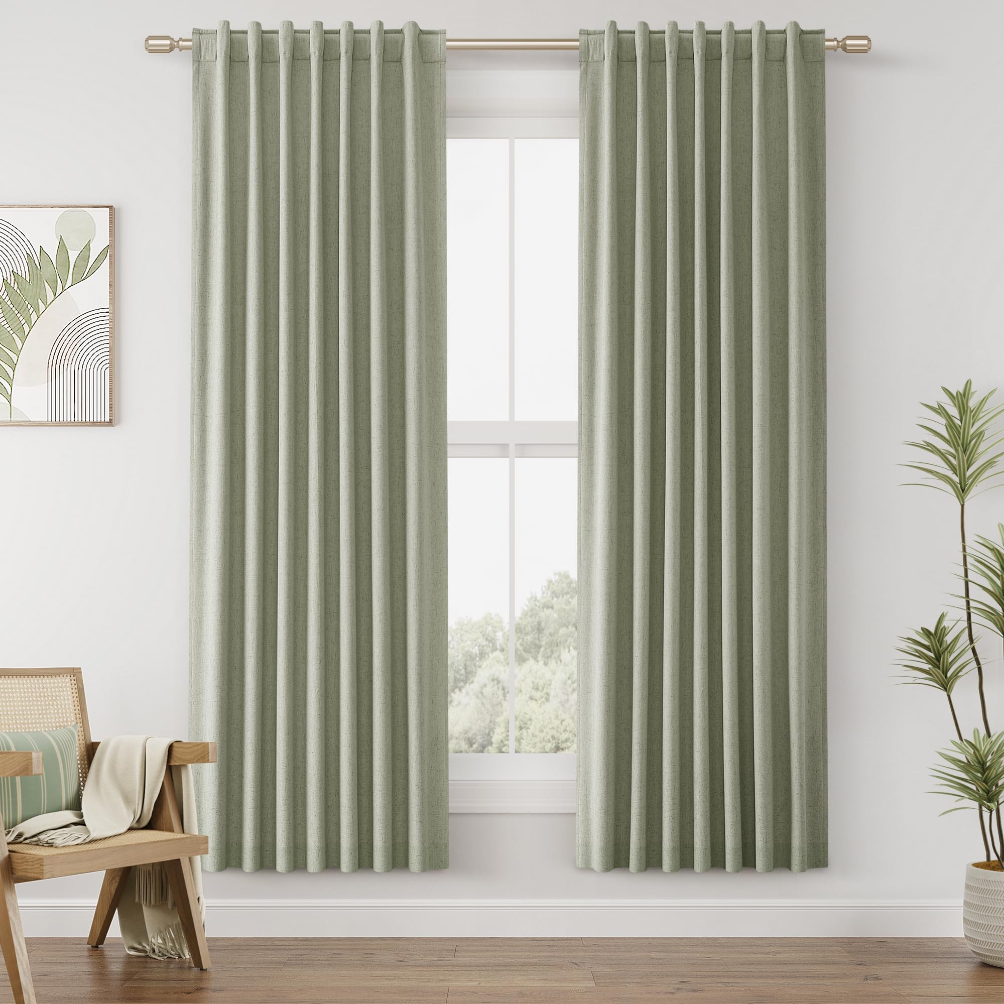 Sage Green Linen Blackout Curtains 72 Inch Length 2 Panels Set for Living Room B