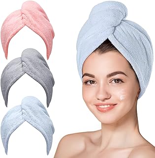 Hicober Microfiber Hair Towel Wrap for Women, Blue Grey Pink, 3-Pack | Soft, highly absorbent wrap helps hair dry faster and stays securely in place on curly, thick or long hair