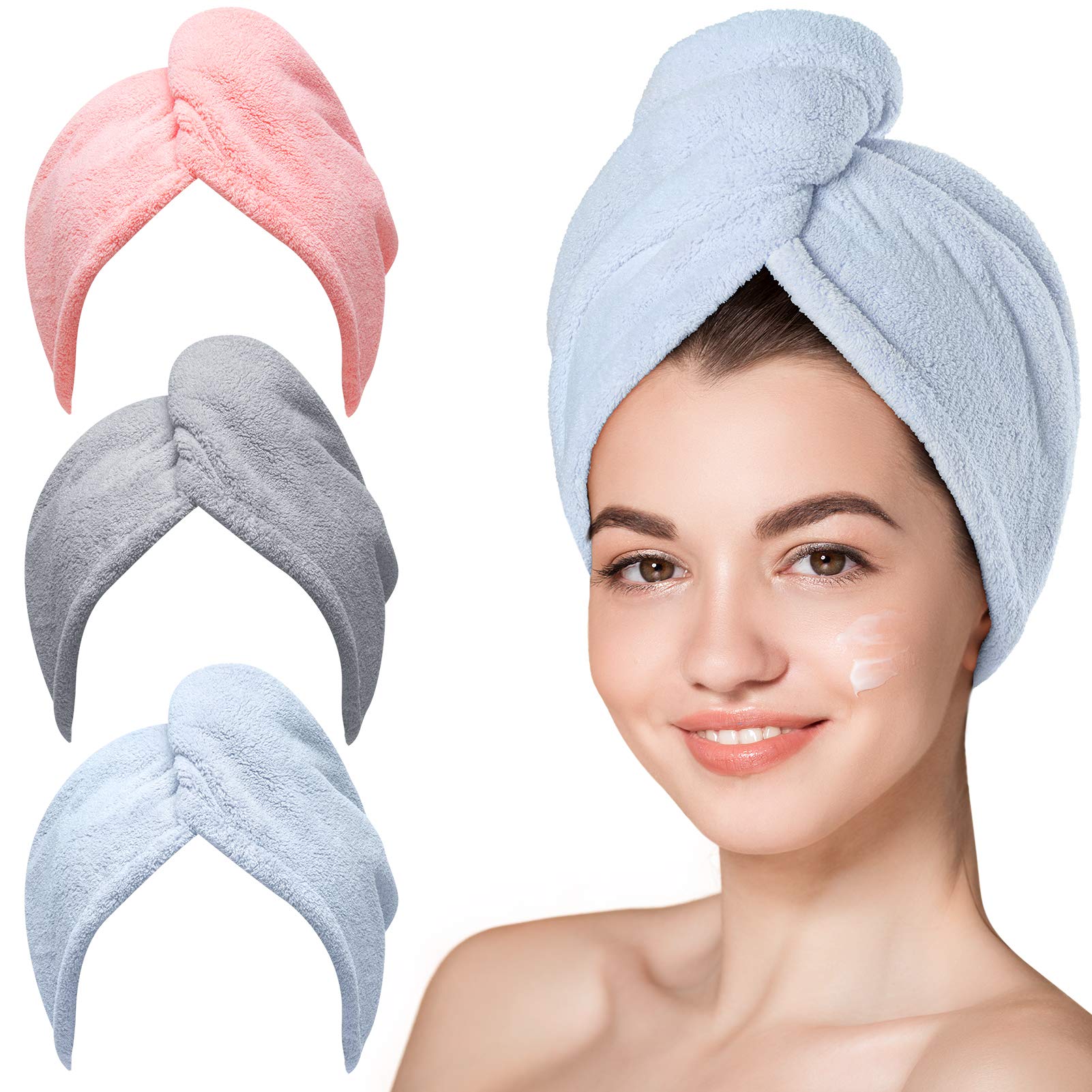 Hicober Microfiber Hair Towel Wrap for Women, Blue Grey Pink, 3-Pack | Soft, hig