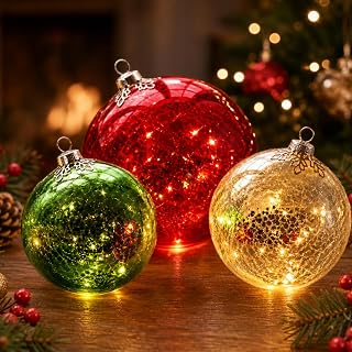 Patelai 3 Pcs Christmas Mercury Glass Decor for Table Vintage Xmas Globes | 6 Inch and 4.7 Inch Christmas Mercury Cracked Glass Globes with LED Light for Xmas Table Fireplace Mantel Decor Gifts