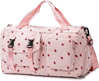 unisoul Corduroy Sports Gym Bag for Women Girls with Shoes Compartment | Foldable Strawberry Overnight Weekend Travel Bag, Wet Pocket, Cute Dance Swimming Bag with Luggage Sleeve, Pink