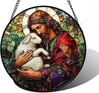 Jesus Little Lamb Stained Glass Window Hanging Suncatcher Easter Gifts 9.8"