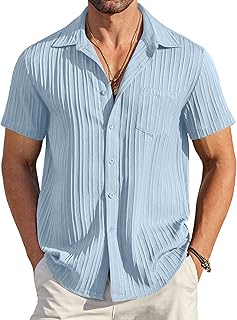 COOFANDY Men's Casual Button Down Shirts Short Sleeve Textured Summer Beach Shirt with Pocket