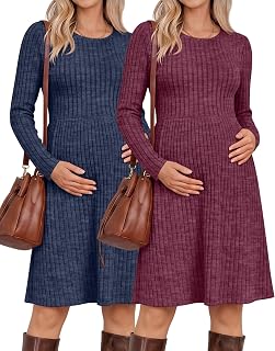 2 Pack Maternity Sweater Dresses Fall Rib with Pocket