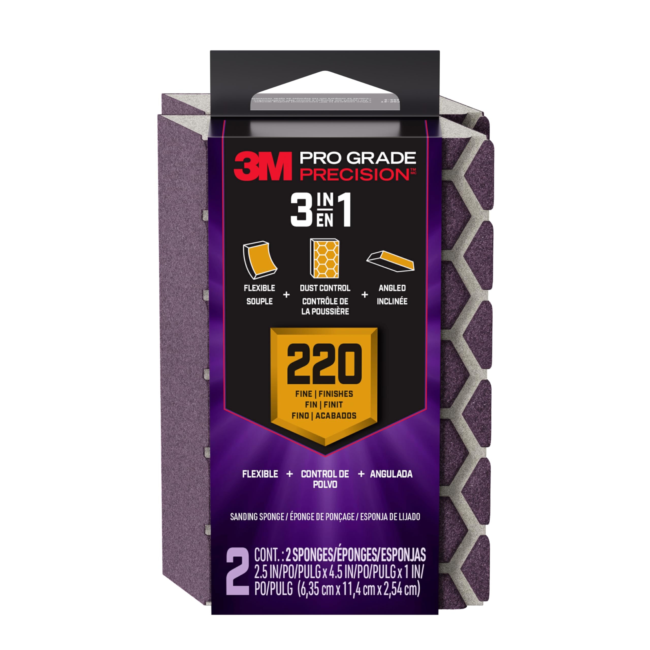 3M Pro Grade Precision 3-in-1 Sanding Sponge, 220 Grit Fine, 2 Sponges, Washable