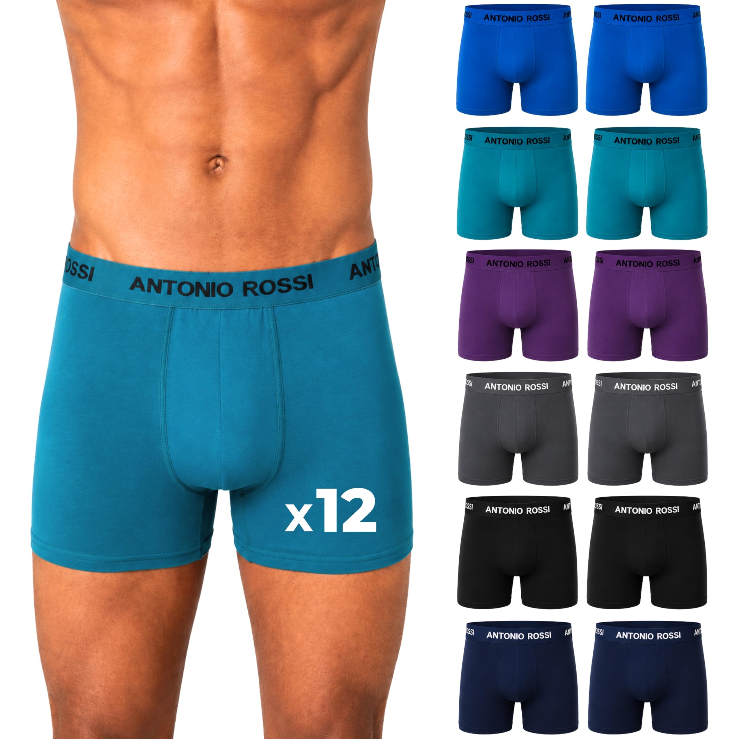 Antonio Rossi Pack of 12 Men's Cotton Stretch Waistband Boxer Shorts