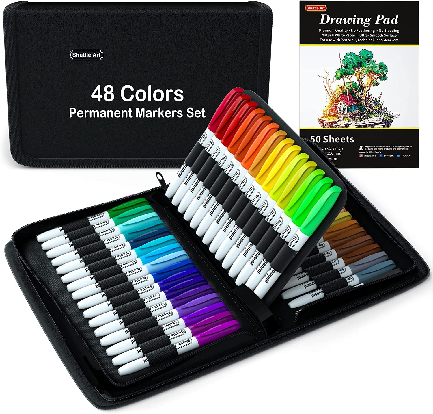 Shuttle Art Permanent Markers with Travel Case, 48 Colours Fine Point