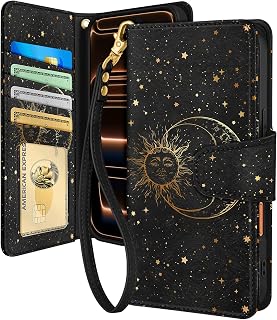 Toycamp for iPhone 18 Pro Max/17 Pro Max Wallet Case, Black Sun Moon | 4 Card Holder, RFID Blocking, Leather Case Wrist Strap and Foldable Stand with Cute Aesthetic Style for Women Girls