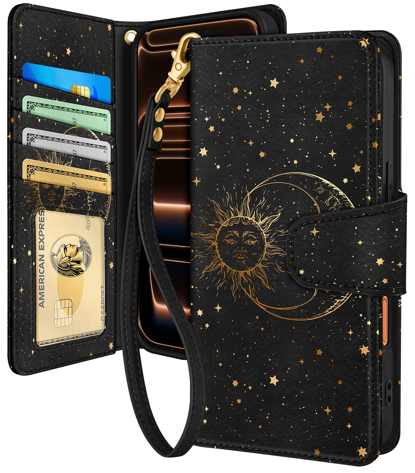 Toycamp for iPhone 18 Pro Max/17 Pro Max Wallet Case, Black Sun Moon | 4 Card Ho