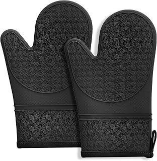 Hovico Silicone Oven Mitts, Heat Resistant 500F Kitchen Mitts 2PCS, 11.6" BPA-Free Soft Baking Gloves, Non-Slip Grip Oven Gloves with Soft Cotton Lining for Kitchen Cooking Baking BBQ - Black