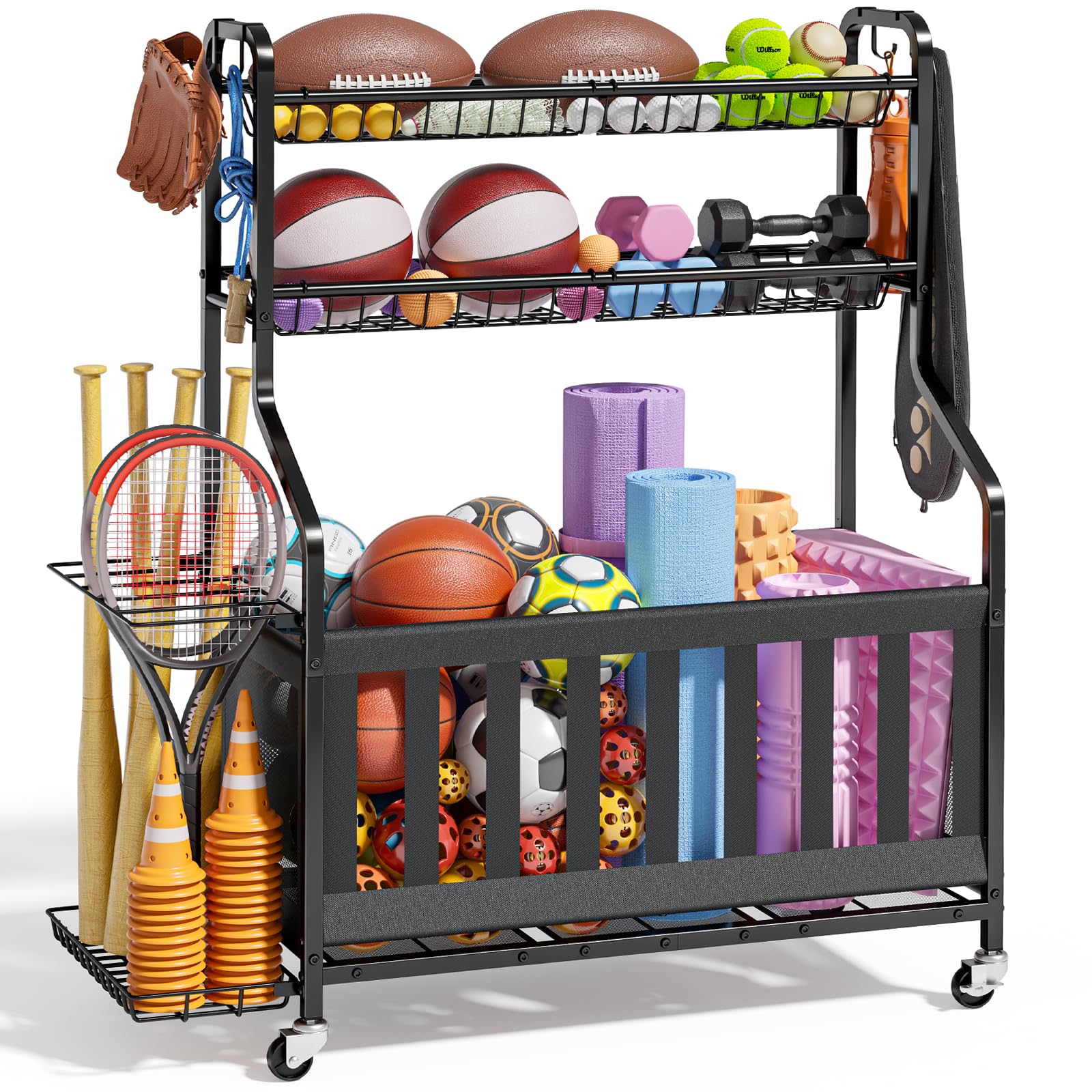 Kitsure Sports Equipment Organizer with Wheels, Garage Ball Storage, 45.6"H | Fo