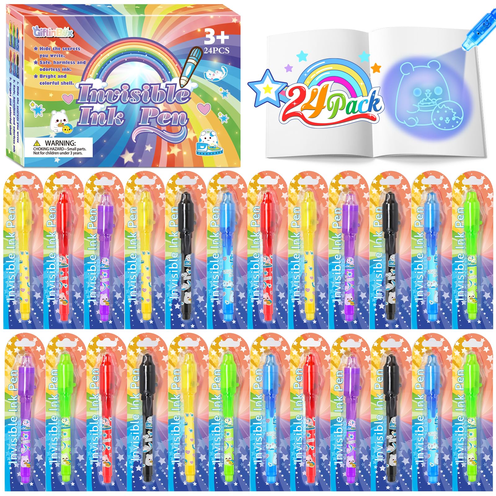 GIFTINBOX Invisible Ink Pen with UV Light for Kids, 24PCS Spy Pen Party Favors f