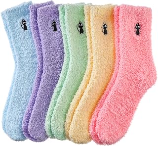 MQELONG Women's Super Soft Fuzzy Cozy Home Sleeping Socks Microfiber Winter Warm Slipper Socks (5 Pairs Cat)