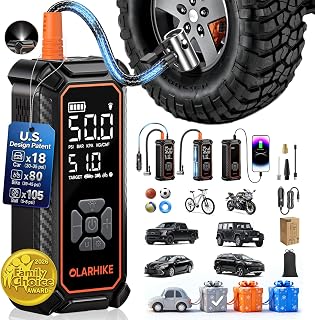 OlarHike Tire Inflator Portable Air Compressor,Dual Power-3*2000mAh &12V DC | Lightning-Fast Inflation, Auto Shut-off, Cordless Air Pump for Car Tires, Bikes, Balls with LED & Digital Pressure Gauge