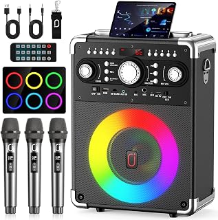 HWWR Karaoke Machine with 3 Wireless Mics,Bluetooth Speaker for Adult | 5.25" Woofer, Bluetooth 5.3, Echo, DJ light, TWS, REC, Remote, USB/TF/AUX, PA System for Home/Outdoor Party Night, Garden BBQ