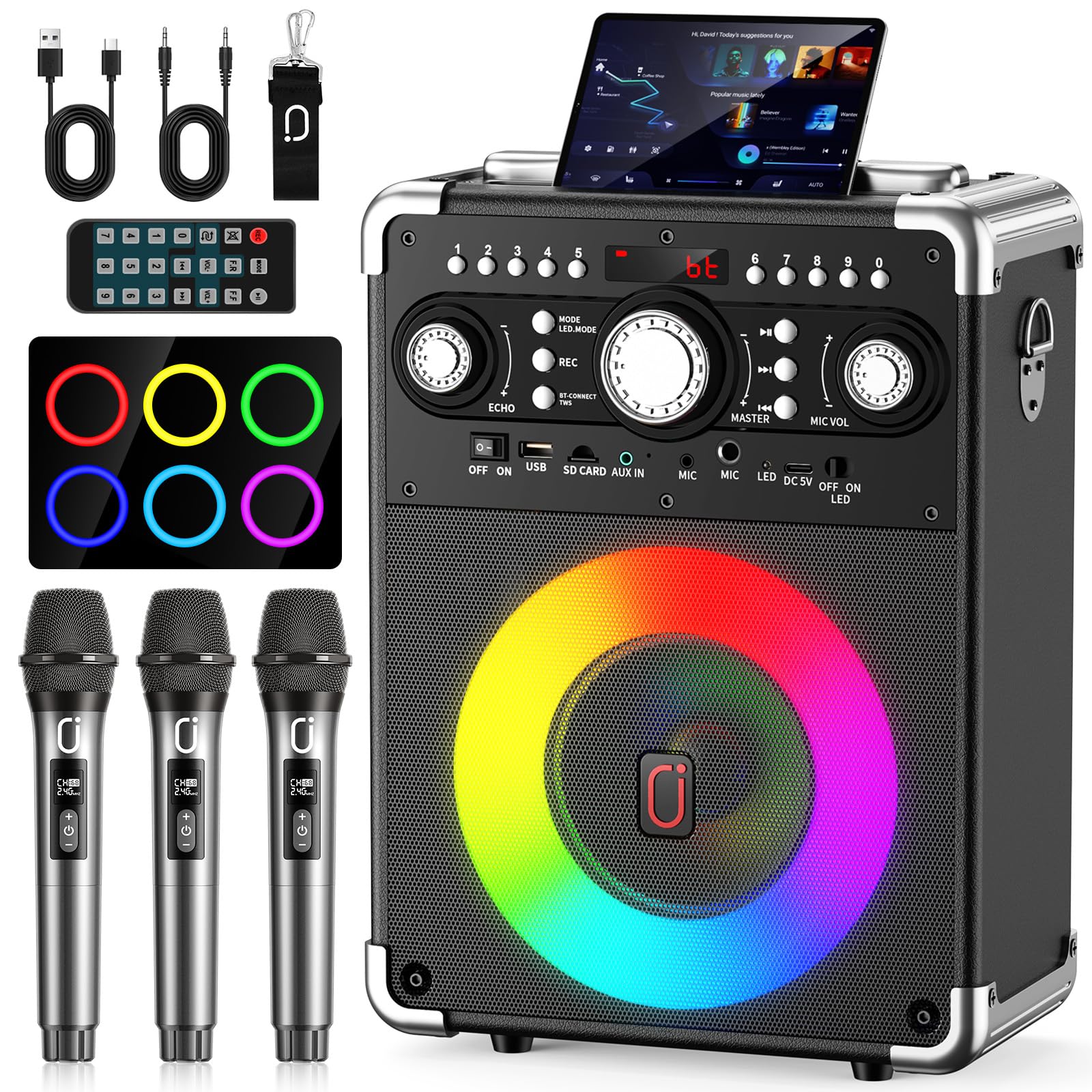 HWWR Karaoke Machine with 3 Wireless Mics,Bluetooth Speaker for Adult | 5.25" Wo
