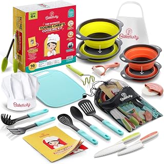 Baketivity Kids Cooking Set with Real Utensils & Kitchen Tool Guide