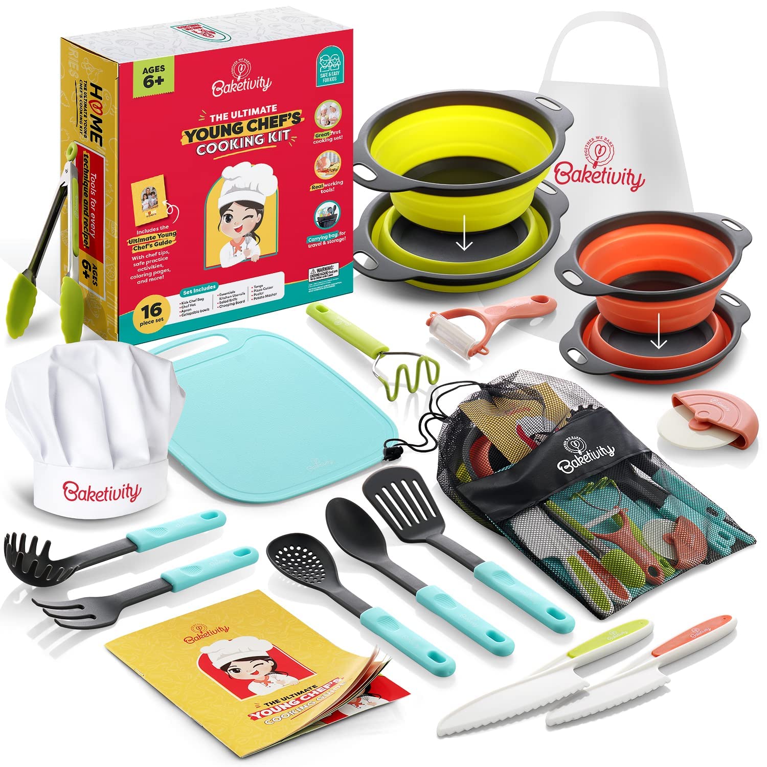 Baketivity Kids Cooking Set with Real Utensils & Kitchen Tool Guide