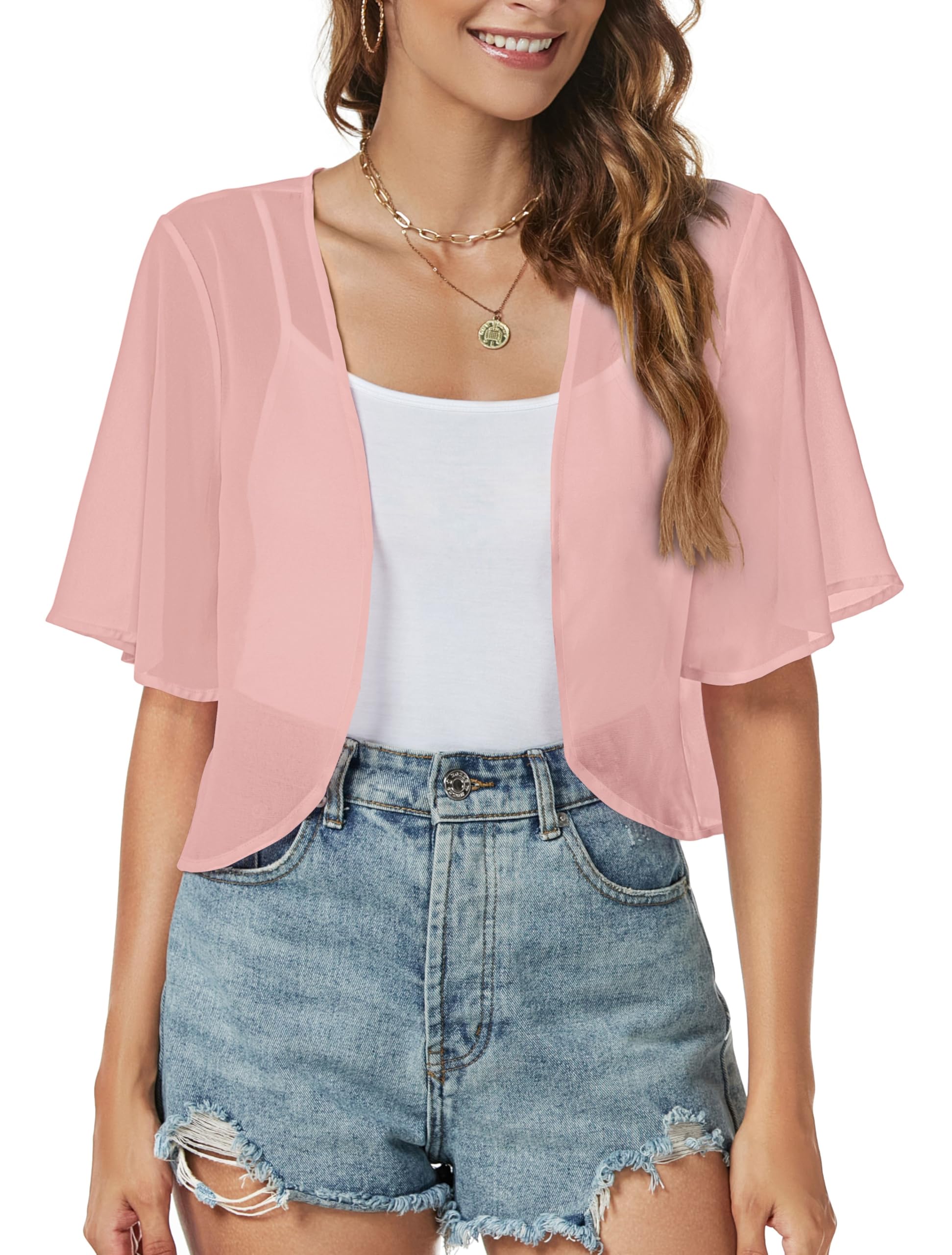 Women Shrug Chiffon Cardigan Open Front Short Sleeve Sheer Bolero for Dress
