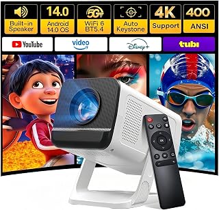 Built-in Apps 1080P 4K Support Mini Projector with Android 14, Phone Remote | Portable Smart Projector with WiFi 6 and Bluetooth 5.4 for Bedroom Auto Keystone Compatible with Netflix/iOS/HDMI/TV Stick X1