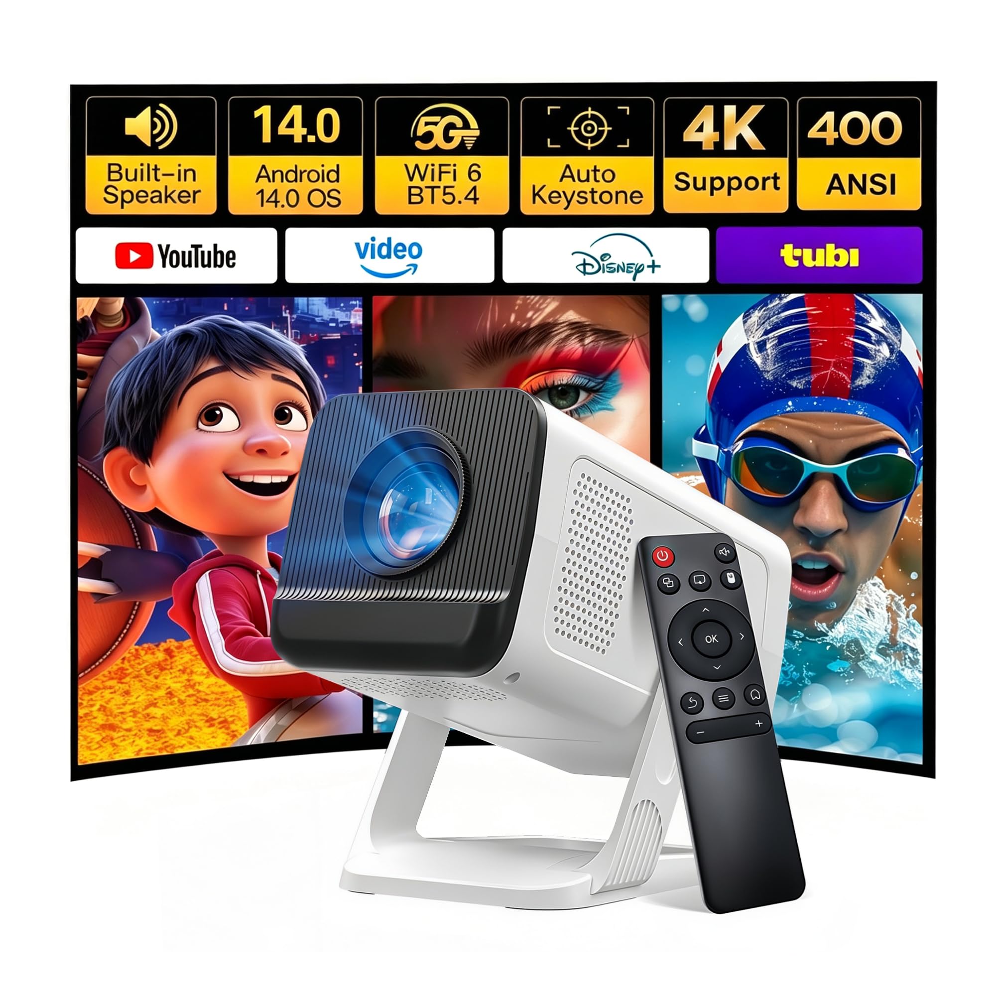 Built-in Apps 1080P 4K Support Mini Projector with Android 14, Phone Remote | Po