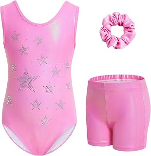 Gogokids Girls' Three-Piece Gymnastics Set, Sleeveless Leotards with Shorts and Hairband, Sparkling Ballet Dancing Unitards - Gymnastics Outfit with Gradient Color Design for 3-12 Years