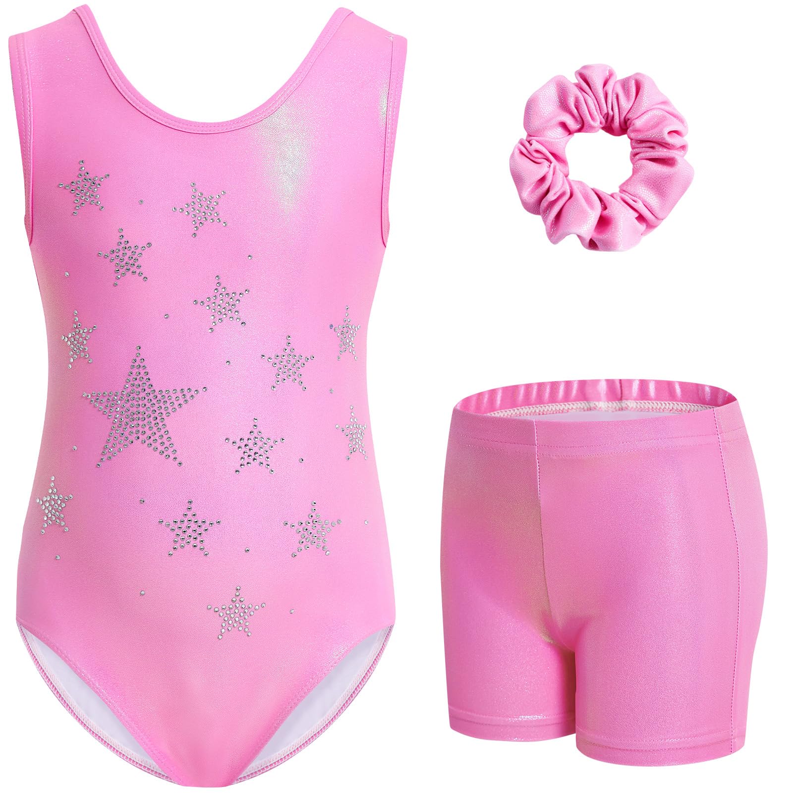 Gogokids Girls' Three-Piece Gymnastics Set, Sleeveless Leotards with Shorts and 