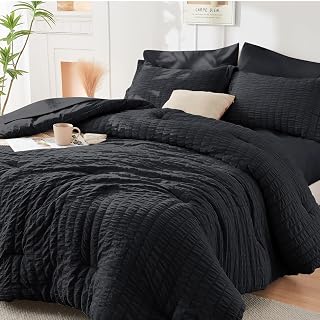 Full Comforter Set - 7PCS Bed in a Bag, Seersucker Bedding Set, Black