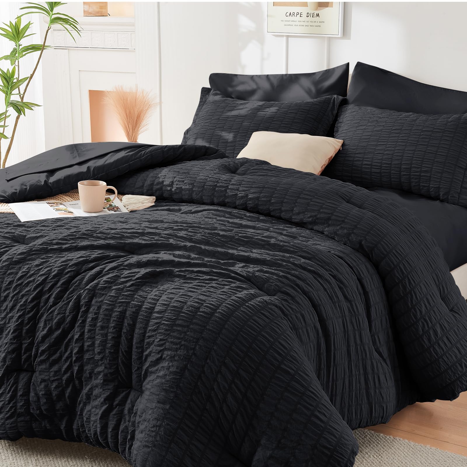 Full Comforter Set - 7PCS Bed in a Bag, Seersucker Bedding Set, Black