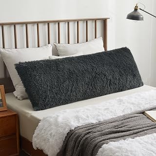 XeGe Luxury Fluffy Shaggy Faux Fur Body Pillow Cover, 20"x54", Dark Gray