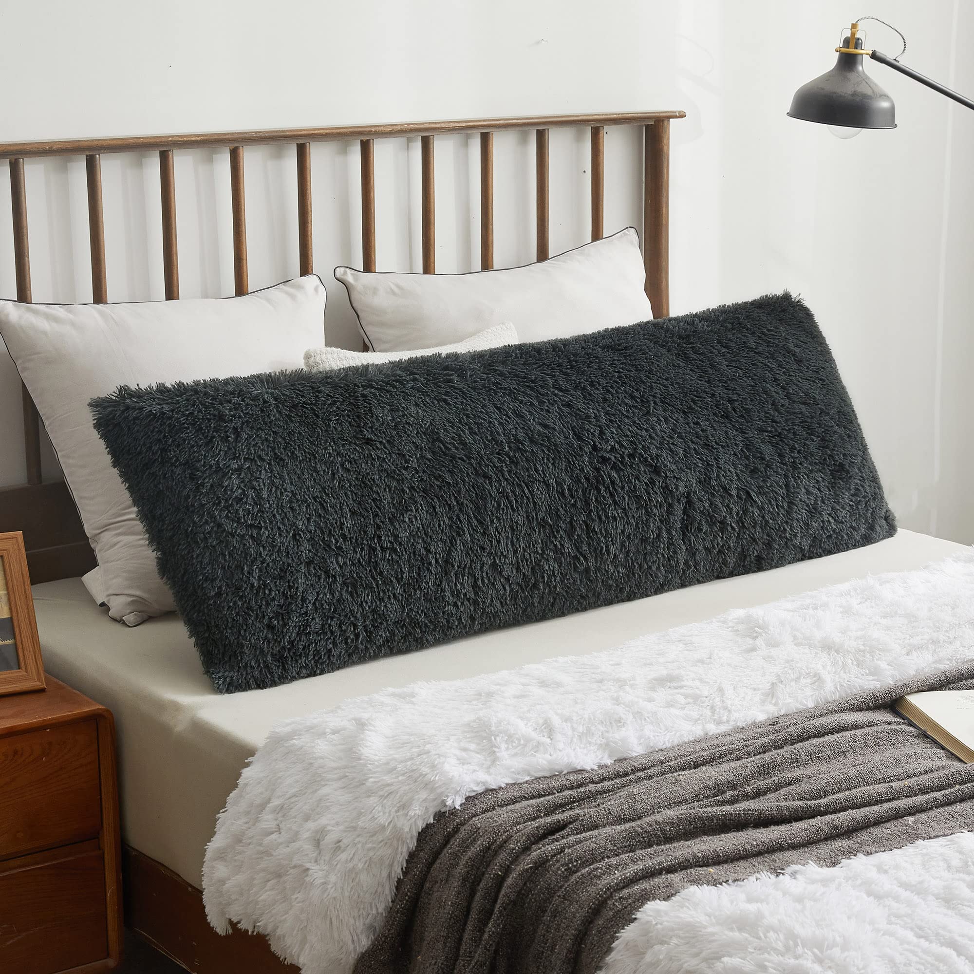 XeGe Luxury Fluffy Shaggy Faux Fur Body Pillow Cover, 20"x54", Dark Gray