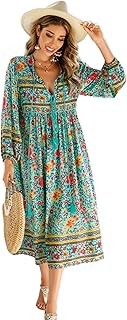 R.Vivimos Women's Long Sleeve Floral Print Retro V Neck Tassel Bohemian Midi Dresses