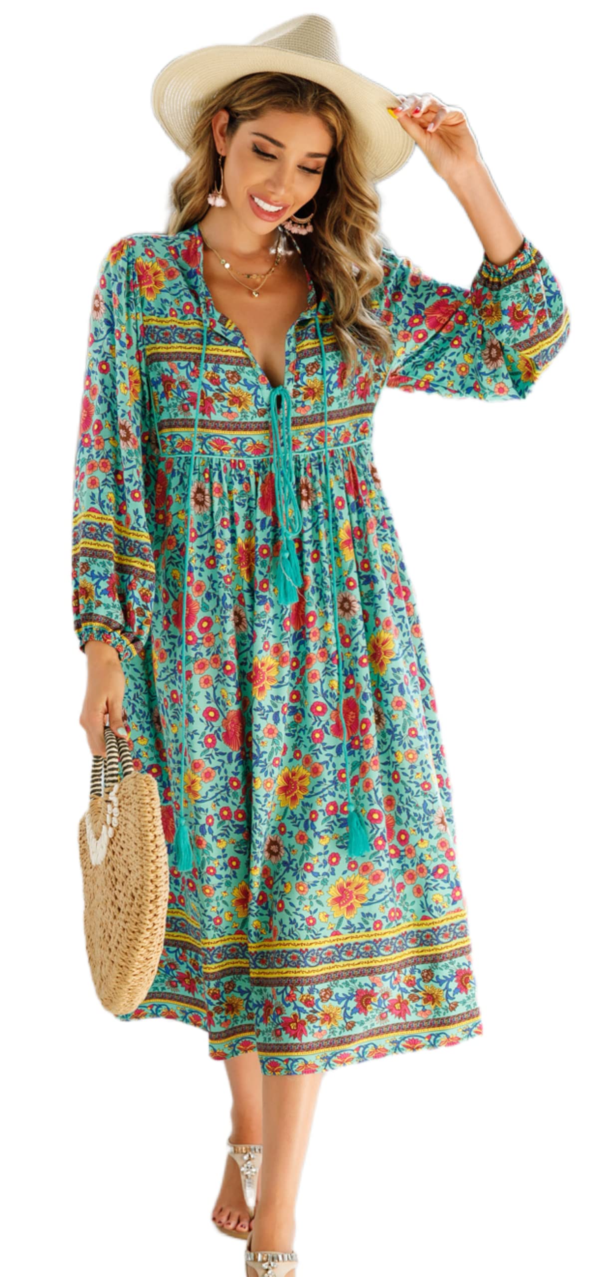 R.Vivimos Women's Long Sleeve Floral Print Retro V Neck Tassel Bohemian Midi Dre
