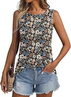 ORANDESIGNE Women Floral Pattern Round Neck Sleeveless Casual Summer Loose Tank Tops