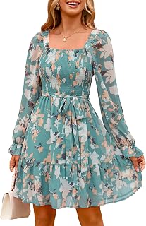 Simplee Womens Floral Long Sleeve Mini Dress Boho Square Neck Smocked A-Line Flowy Short Wedding Guest Dresses