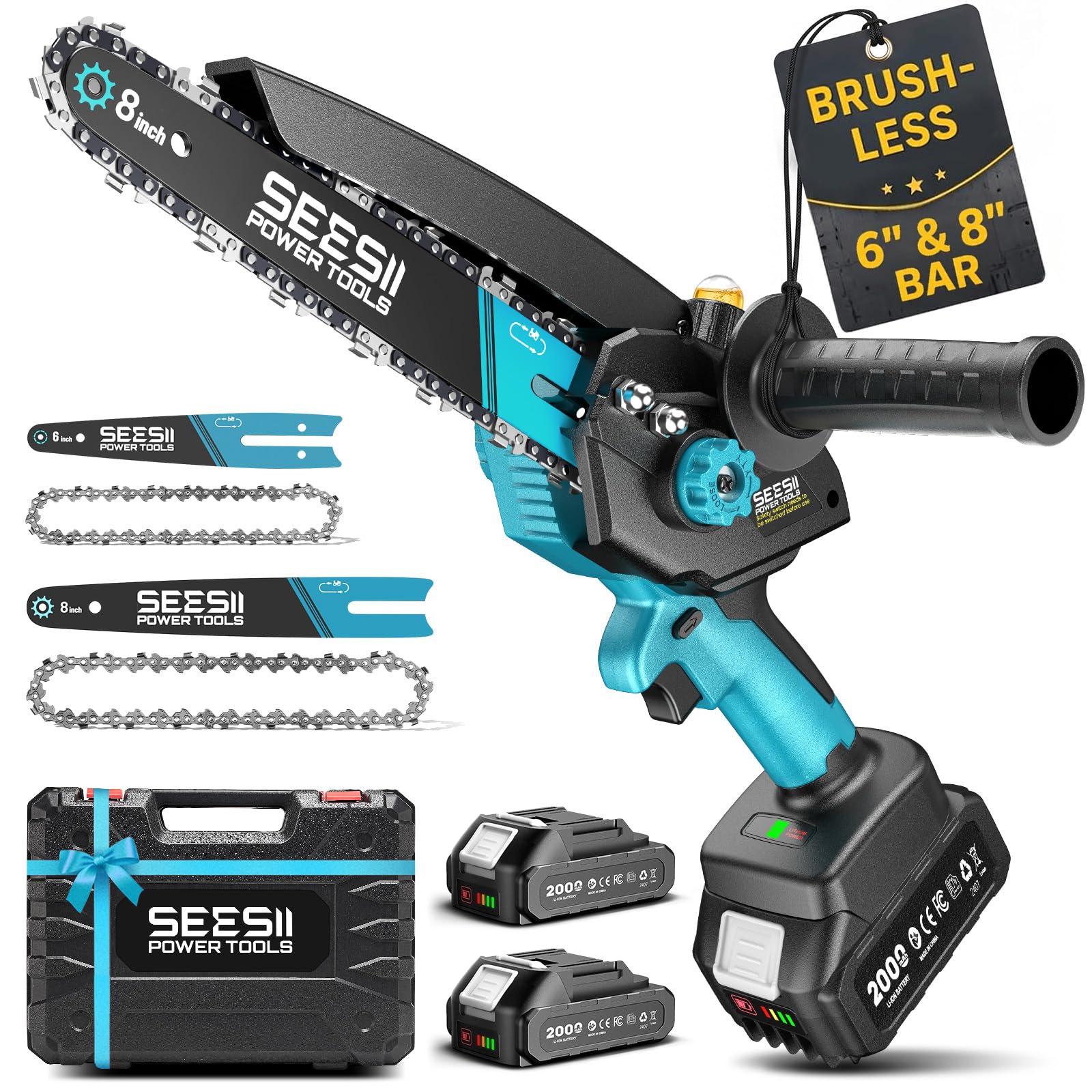 SEESII 8 Inch & 6 Inch Mini Chainsaw Cordless with 2 Batteries & Auto Oiler | 10