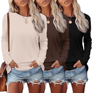 Ekouaer Long Sleeve Shirt Women 3 Pack Crew Neck Tops Basic Thermal Layer | Loose Fit T Shirts, Undershirts, Thermal, Layering, Casual, Work, Fall Winter Clothes