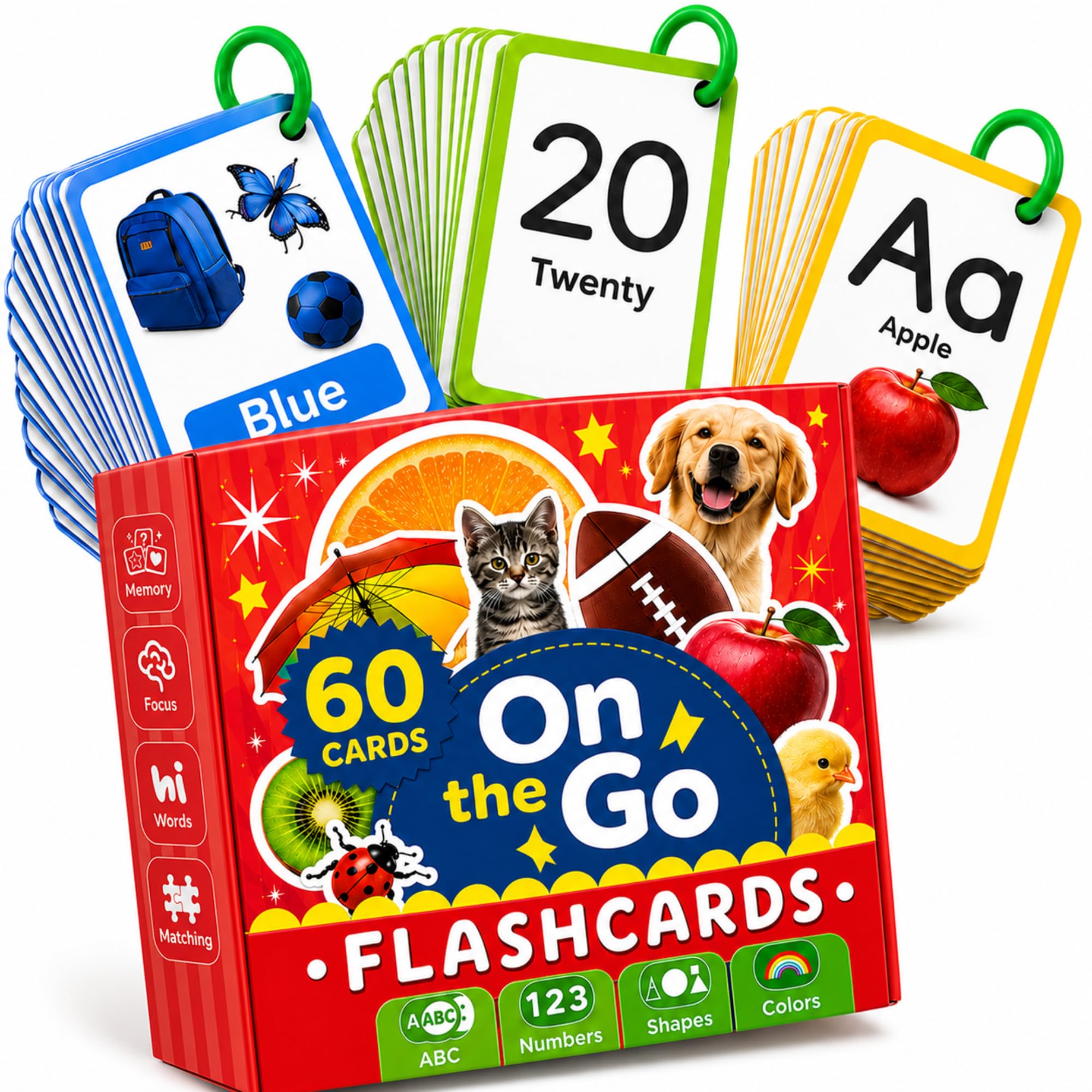 60 Toddler Flash Cards with Rings, Flash Cards for Toddlers 1-3, Includes ABC Fl
