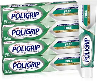 Poligrip Free Denture Adhesive Cream, Strong All-Day Hold, 2.4 oz (4 Pack) | Food Seal, Comfort, Clinically Proven, Flavor-Free, Zinc-Free, HSA And FSA Eligible, Full Or Partial Dentures